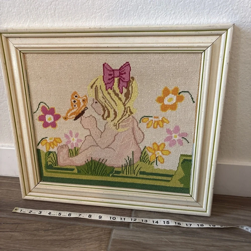 Vintage Framed cross Stitched Girl Garden Nursery Art Wood Frame 19